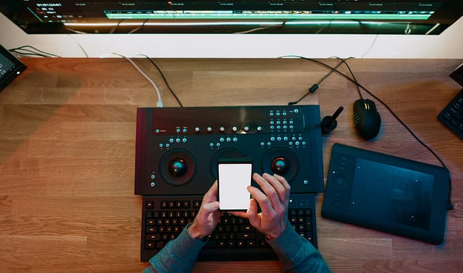 Pessoa mexendo em celular, com teclado multimídia, mesa digitalizadora e monitor de computador sobre a mesa.